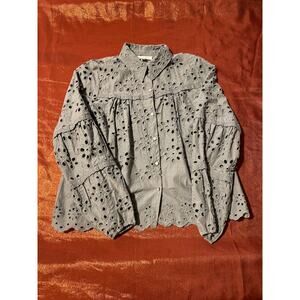 Shabby Chic Blouse Womens XS Eyelet Embroidered Button Front Scallop Hem Gray